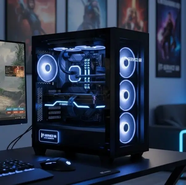 Ein meisterhaft handgefertigtes PC-System mit stilvoller blauer LED-Beleuchtung aus unserer Emmelshausener Werkstatt